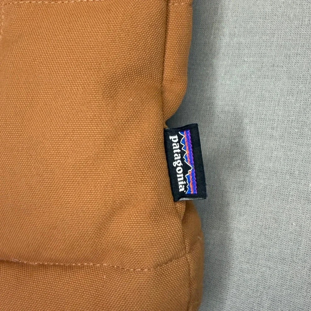 Patagonia Bivy Hooded Down Vest Women's Large Brown Blue Puffer Canvas